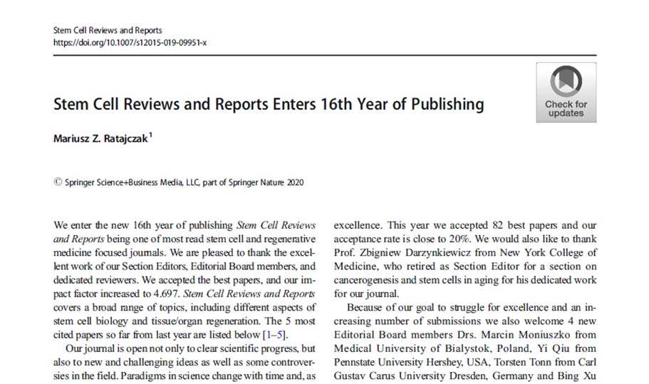Stem Cell Reviews and Reports Enters 16th Year of Publishing
